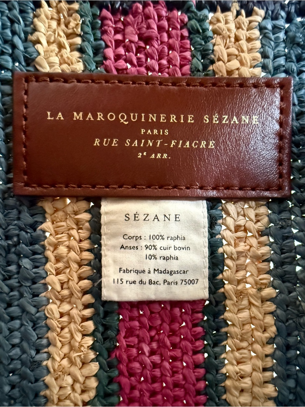 Sezane Francisco Basket Bag - Raffia - Navy with Stripes - Leather Handles - Picture 5 of 9